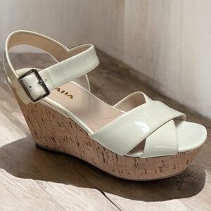 Prada Patent Leather Cream Color Nib Crisscross Wedge Sandals Size 37